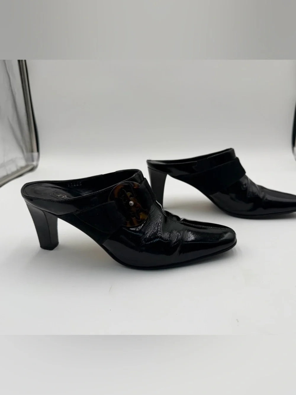 Brighton Rococo black patent leather suede slip-on mule heels made in Italy